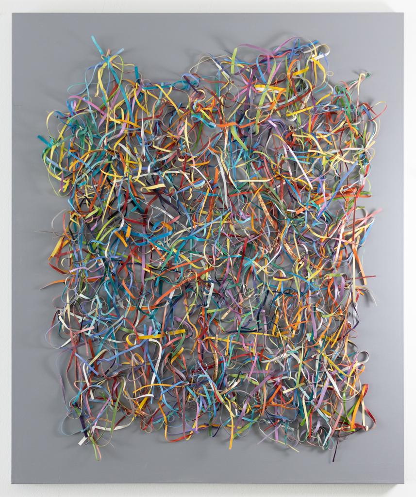 Chaos composizione di strisce di tela dipinta ad olio 100X120cm Daniela Rebuzzi