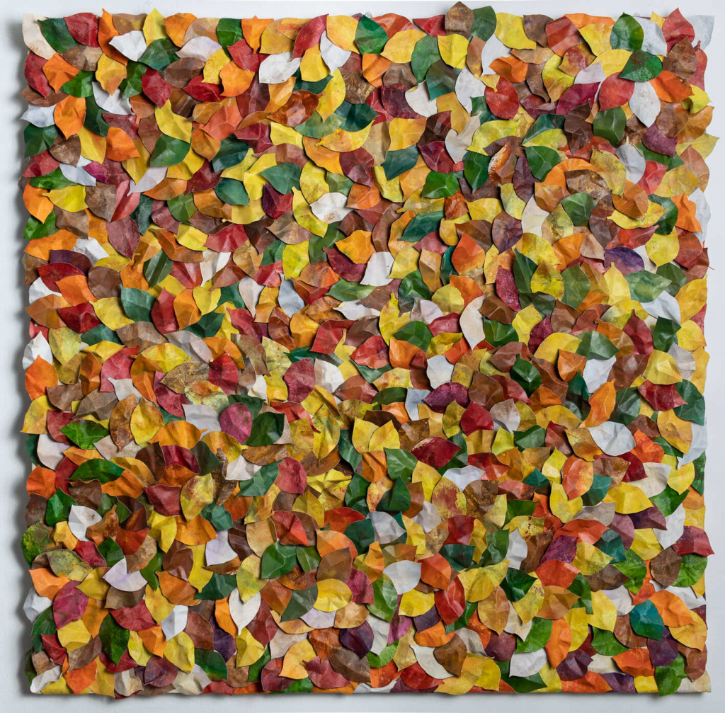 Silentium composizione di foglie dipinte ad olio 100x100cm Daniela Rebuzzi